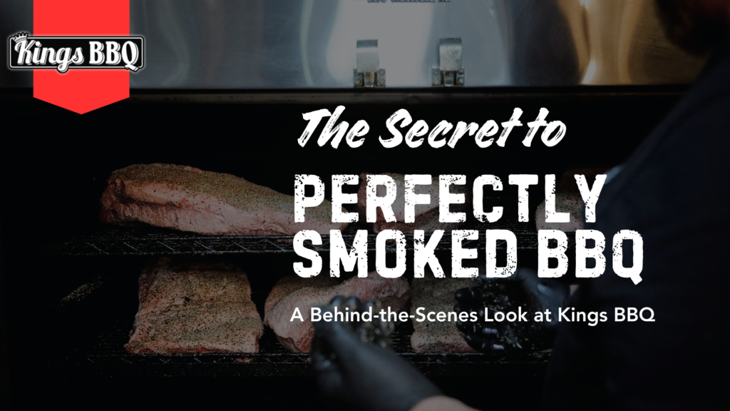 Different meat pieces being placed in a smoker next to the words &ldquo;The Secret to Perfectly Smoked BBQ: A Behind-the-Scenes Look at Kings BBQ.&rdquo;